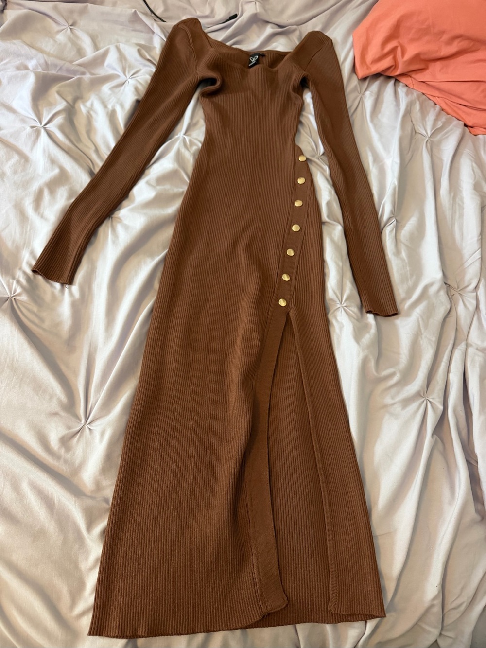 Windsor Brown Ribbed Long-Sleeve Maxi Dress with Gold Buttons